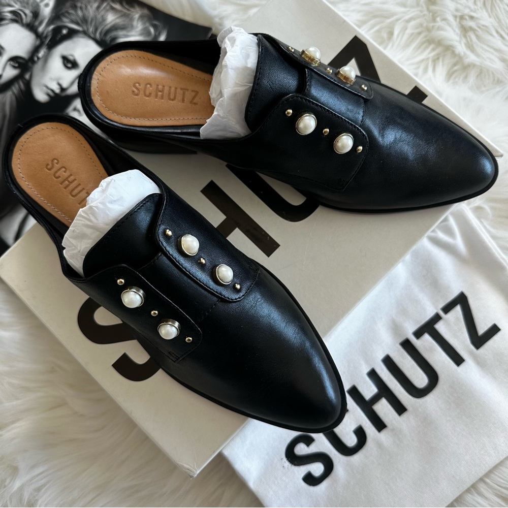 Schutz Jaine Imitation Pearl Embellished Leather Mule